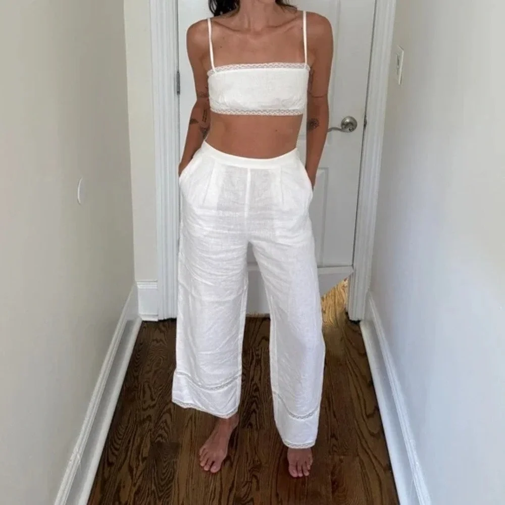 Reformation | Violet 100% Linen Crop‎ Top & Wide Leg Pant Two Piece Set White